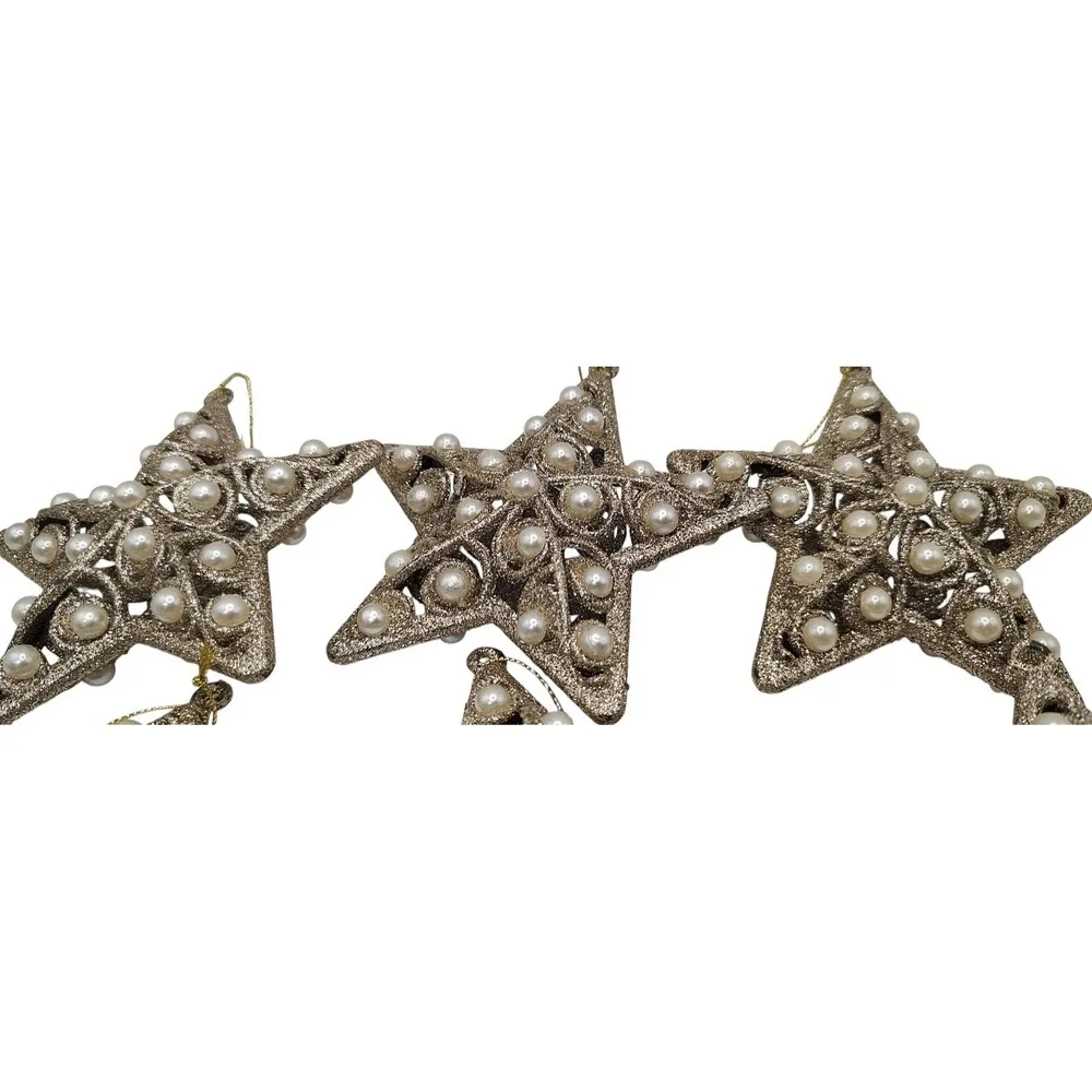Glitter Christmas Ornaments Silver Gold‎ Tone Faux Pearl Beads 3D Set of Six